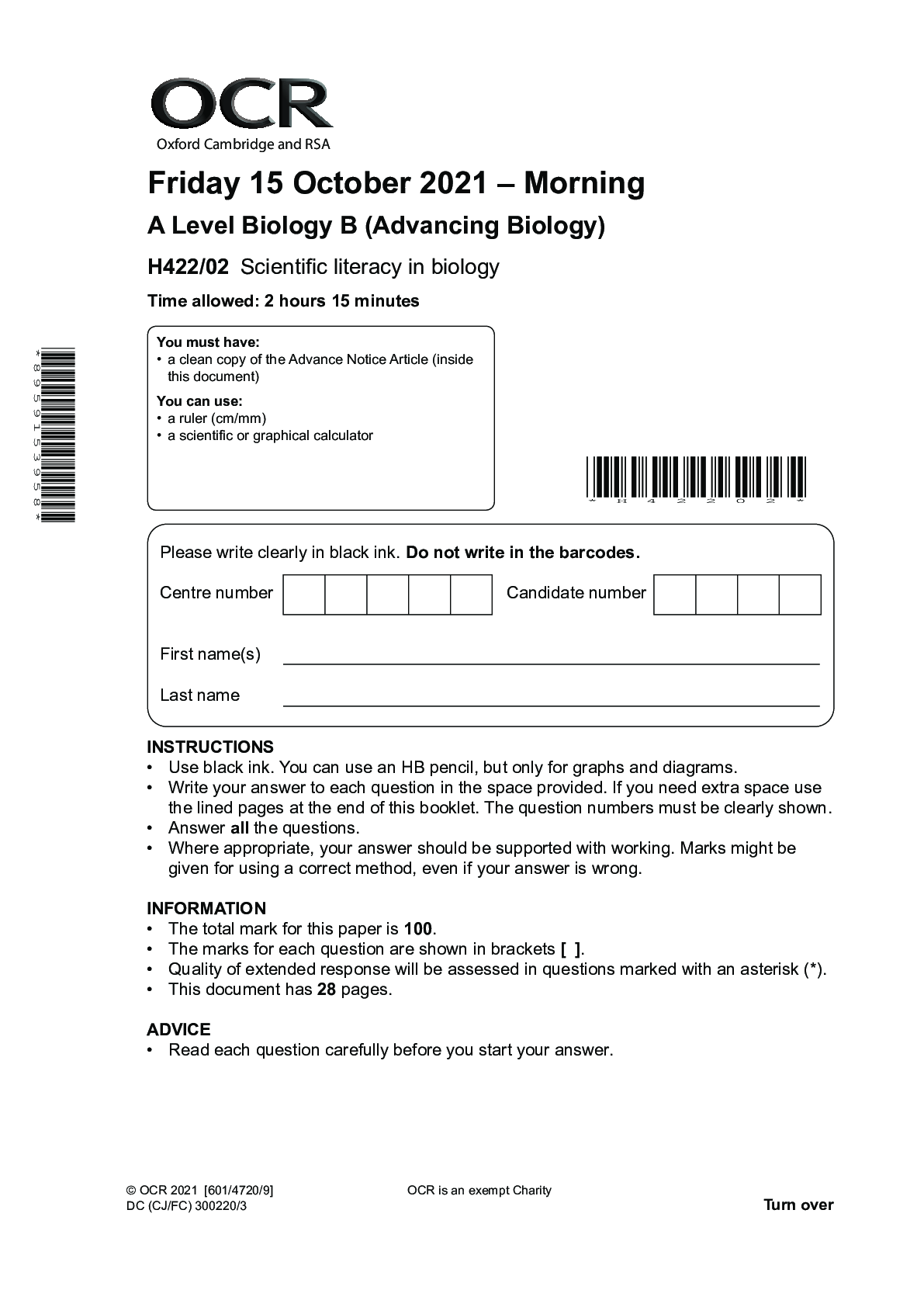 Preview of > A Level Biology B (Advancing Biology) H422/02 Scientific literacy in biology QUESTION PA